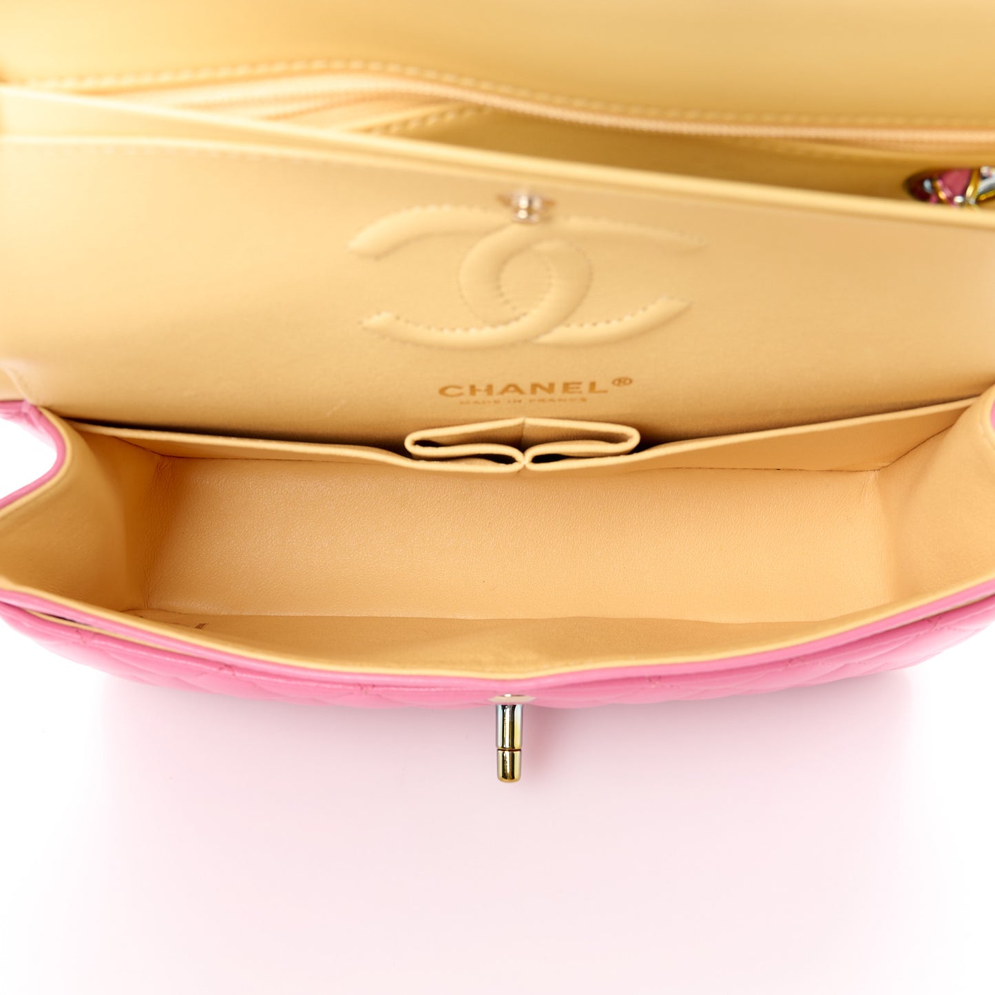 Lambskin Quilted Small Double Flap Pink Yellow