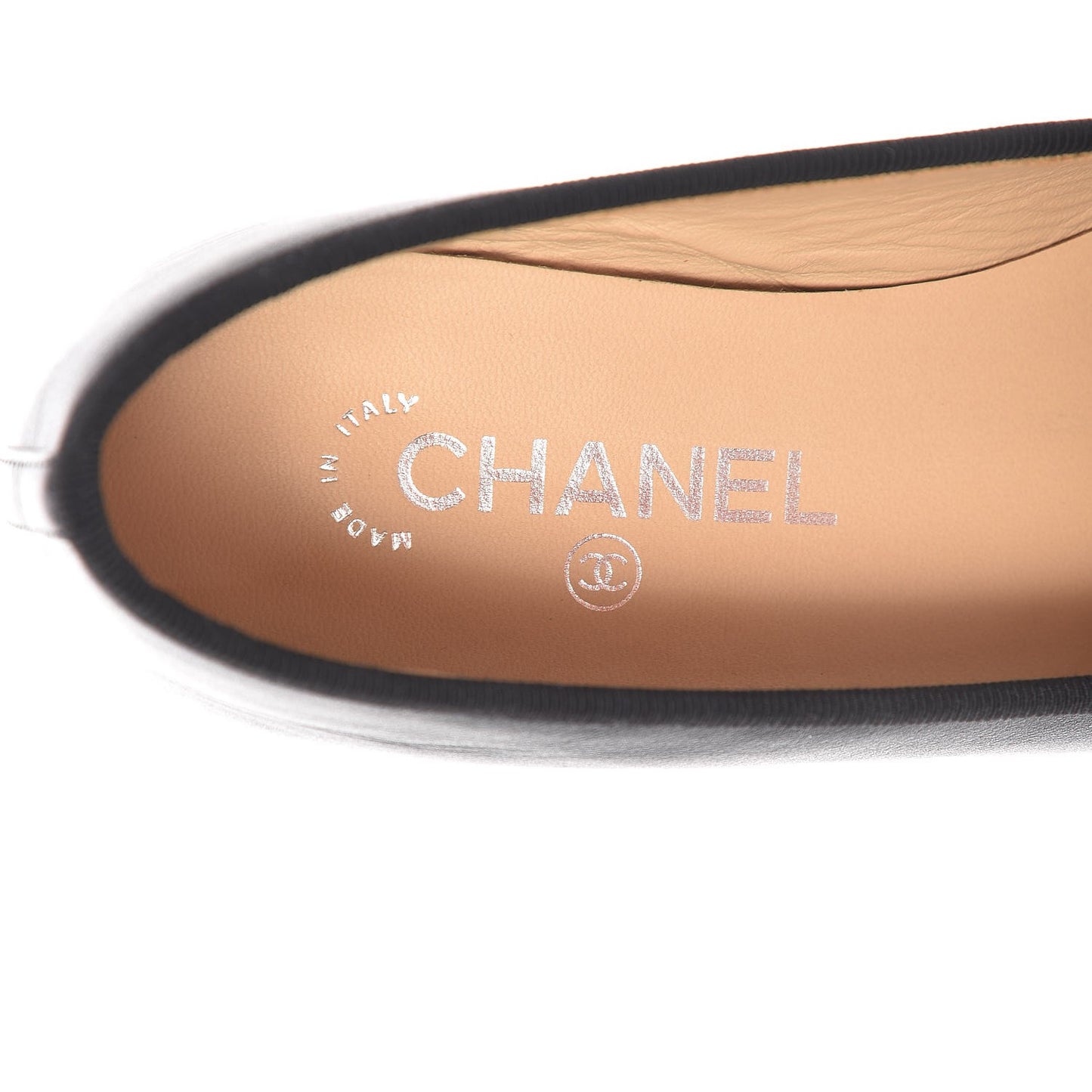 Calfskin Metallic Goatskin CC Cap Toe Ballerina Flats 39 Black Silver