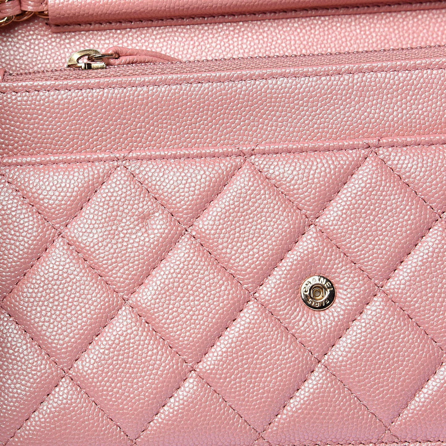 Iridescent Caviar Quilted Wallet on Chain WOC Rose Pink
