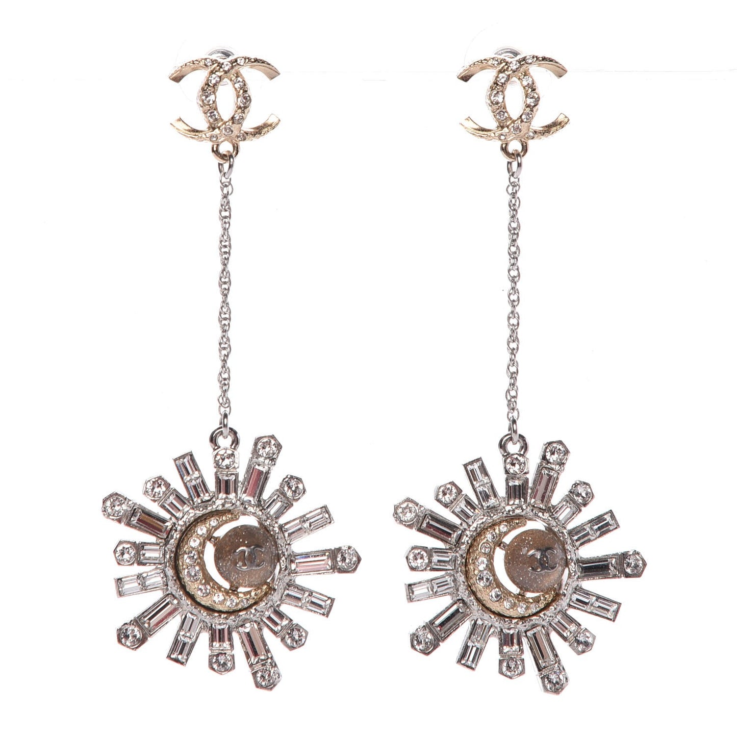 Baguette Crystal Moon CC Dangle Earrings Gold Silver