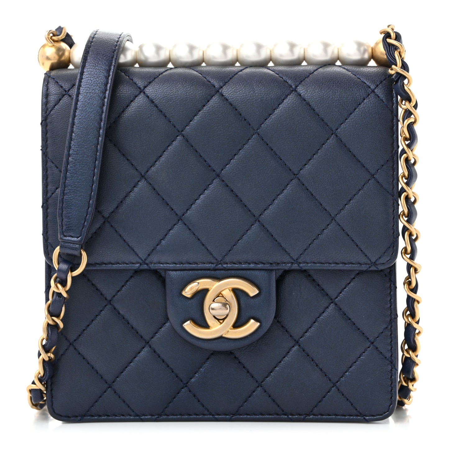 Iridescent Lambskin Quilted Chic Pearls Flap Navy Blue