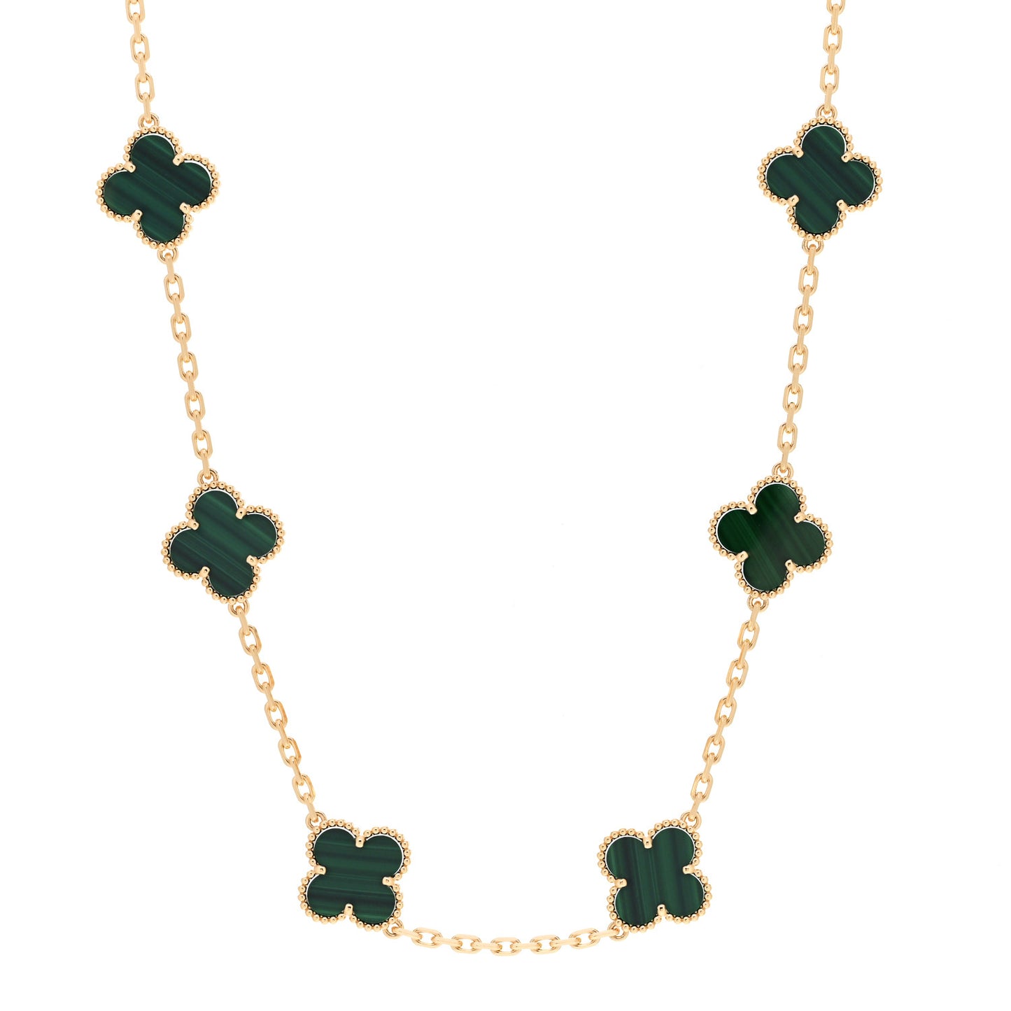 18K Yellow Gold Malachite 10 Motifs Vintage Alhambra Necklace
