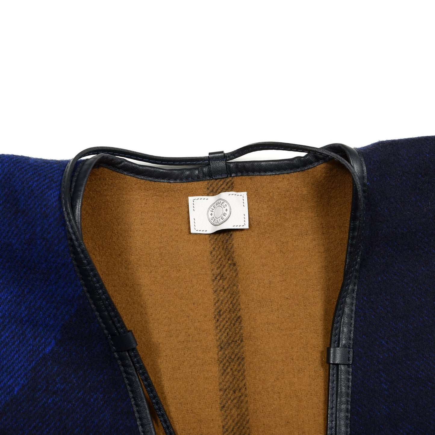 Wool Calfskin Reversible Highlands Poncho Navy Royal Fauve