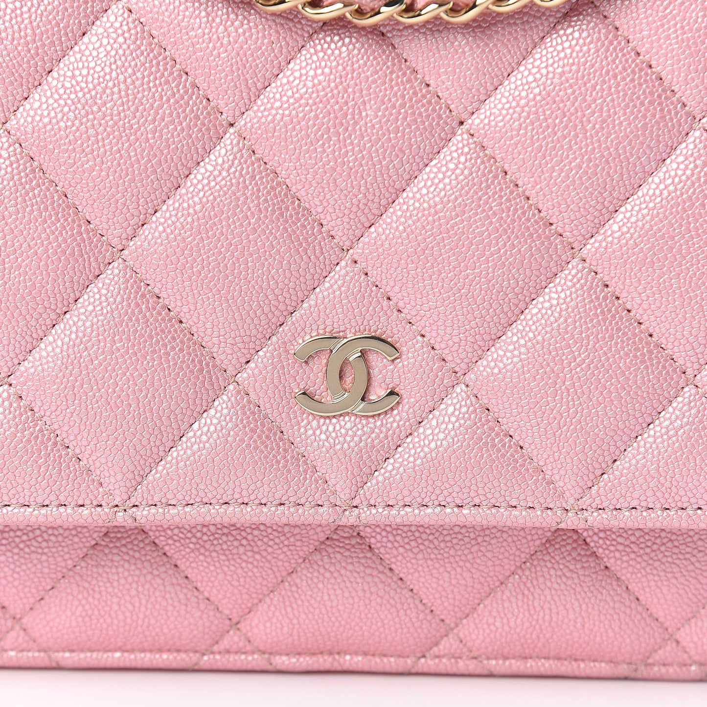 Iridescent Caviar Quilted Wallet on Chain WOC Rose Pink