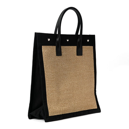 Saint Laurent Raffia Linen Calfskin Rive Gauche North South Tote Naturale Black 2 of 4