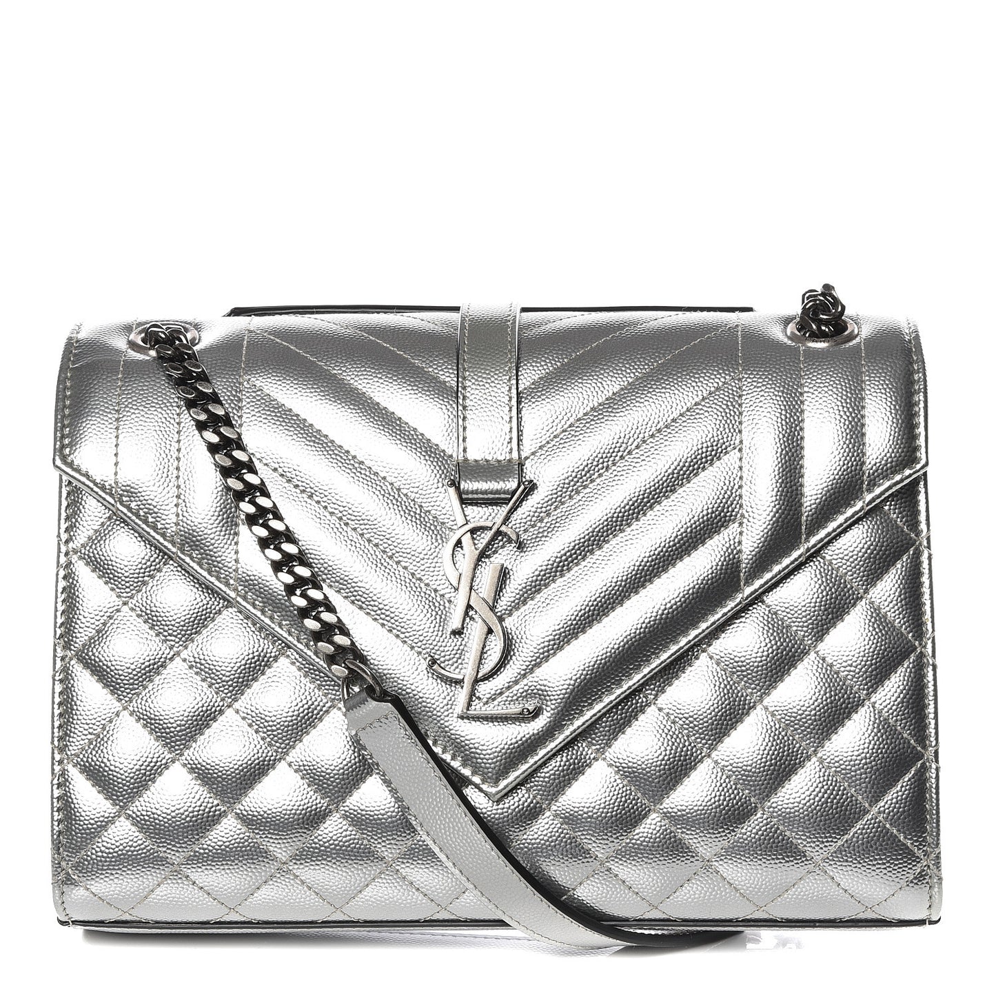 Metallic Grain De Poudre Textured Mixed Matelasse Triquilt Medium Monogram Satchel Silver