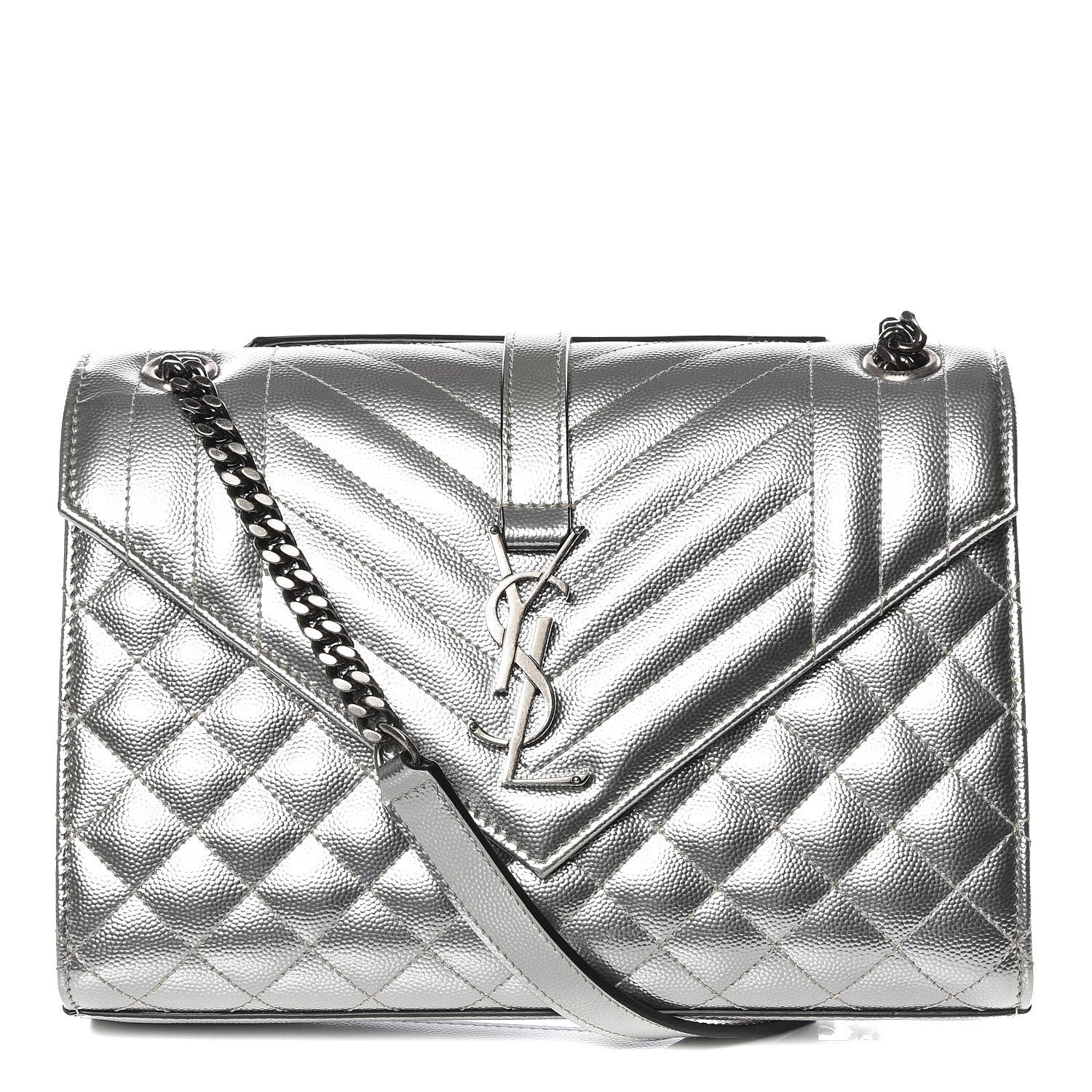 Saint Laurent Metallic Grain De Poudre Textured Mixed Matelasse Triquilt Medium Monogram Satchel Silver 1 of 9