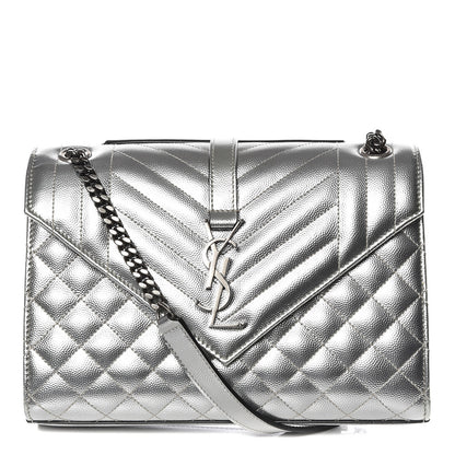 Saint Laurent Metallic Grain De Poudre Textured Mixed Matelasse Triquilt Medium Monogram Satchel Silver 1 of 9