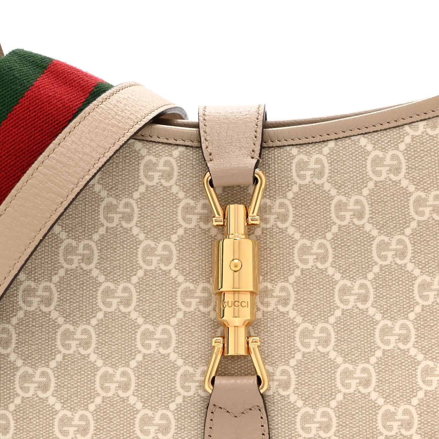 Gucci GG Supreme Monogram Textured Dollar Calfskin Web Small Jackie 1961 Hobo Beige Mystic White Oatmeal 9 of 11