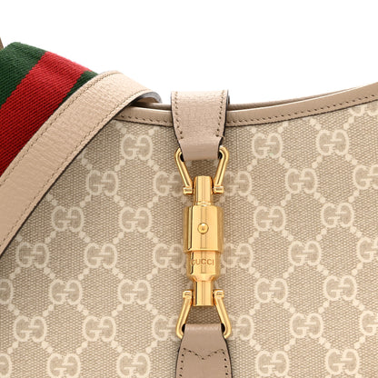 Gucci GG Supreme Monogram Textured Dollar Calfskin Web Small Jackie 1961 Hobo Beige Mystic White Oatmeal 9 of 11