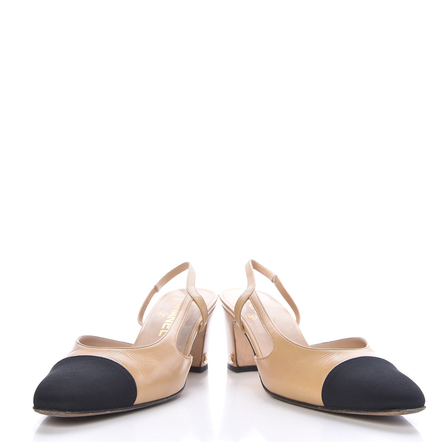 Chanel Goatskin Grosgrain Cap Toe CC Slingback Pumps 38.5 Beige Black 6 of 15