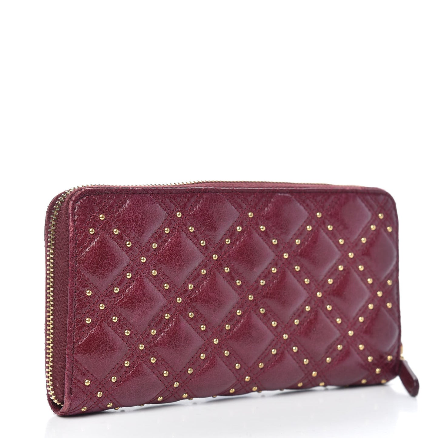 Lambskin Studded Quilted Zip Around Wallet Burgundy