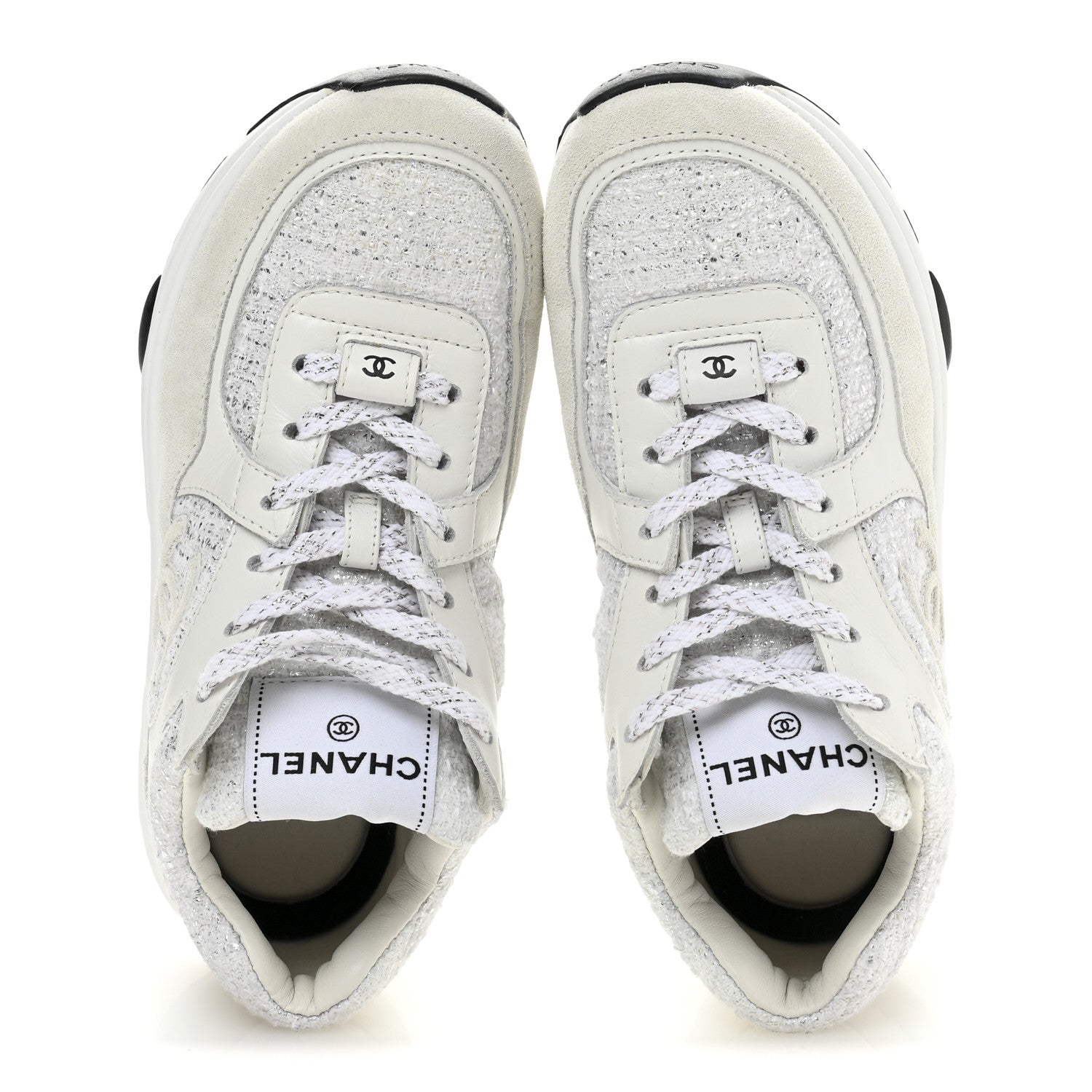 Chanel Painted Iridescent Cotton Tweed Suede Calfskin Womens CC Sneakers 36 White Silver Multicolor 2 of 10