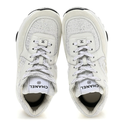 Chanel Painted Iridescent Cotton Tweed Suede Calfskin Womens CC Sneakers 36 White Silver Multicolor 2 of 10