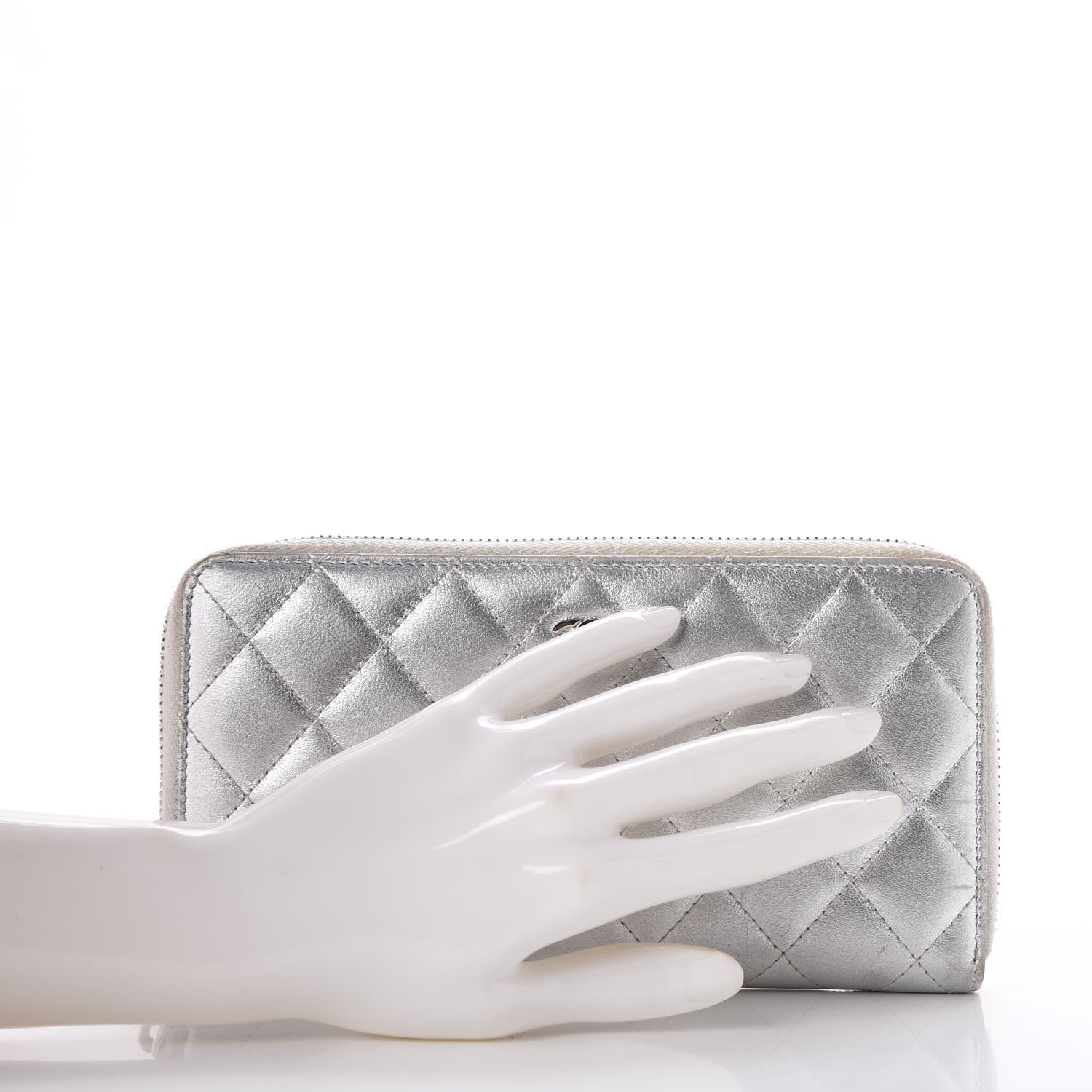 Chanel Metallic Lambskin Quilted Large Gusset Zip Around Wallet Silver 2 of 12