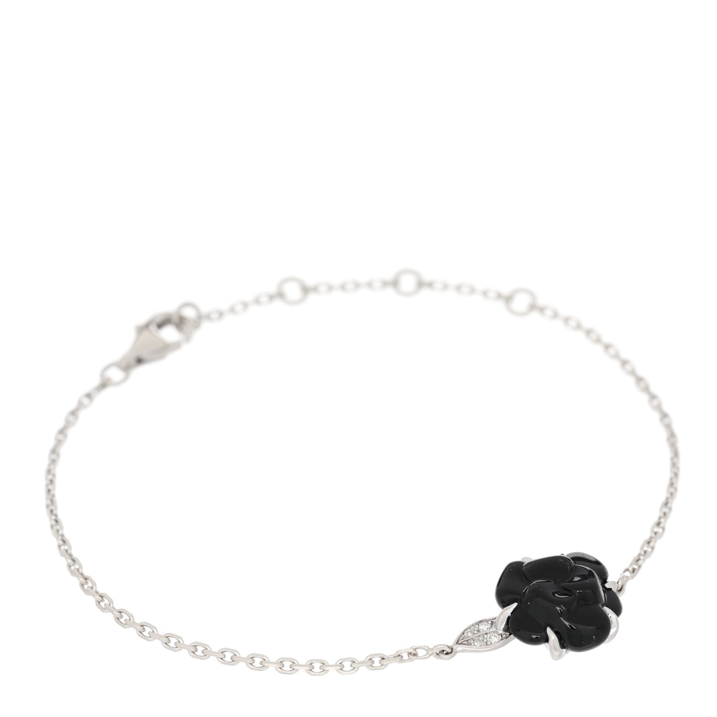 18K White Gold Diamond Black Onyx Camelia Sculpte Bracelet