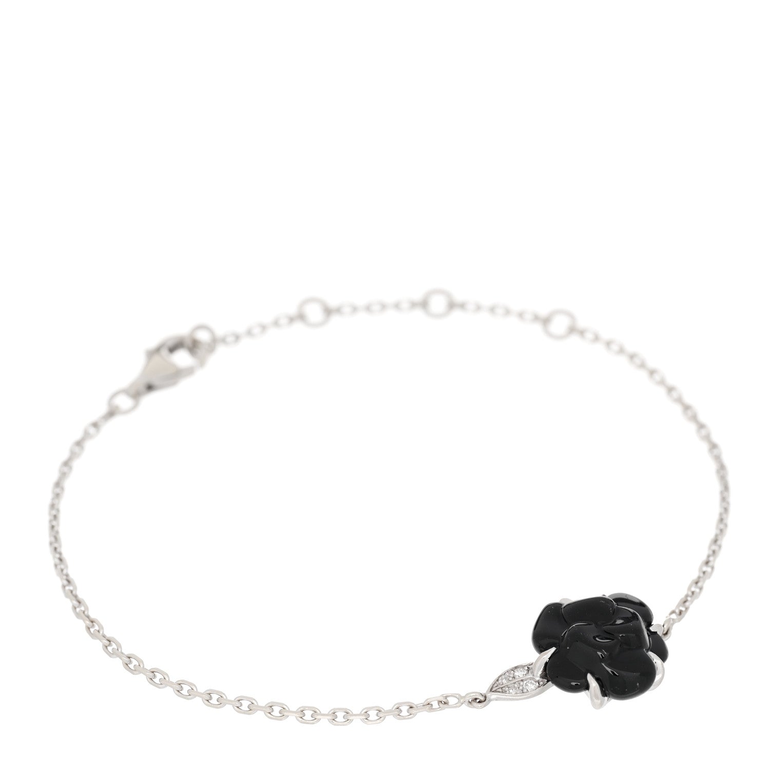 Chanel 18K White Gold Diamond Black Onyx Camelia Sculpte Bracelet 1 of 3