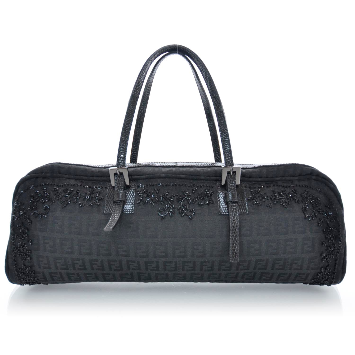 Fendi Zucchino Snakeskin Beaded Satchel Black 1 of 10