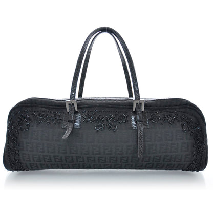 Fendi Zucchino Snakeskin Beaded Satchel Black 1 of 10