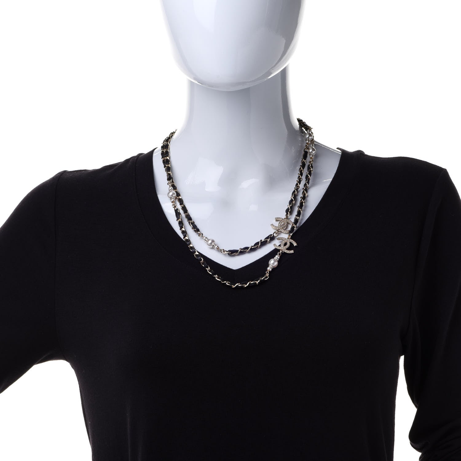Chanel Pearl Crystal Lambskin CC Long Necklace Gold Black 2 of 6