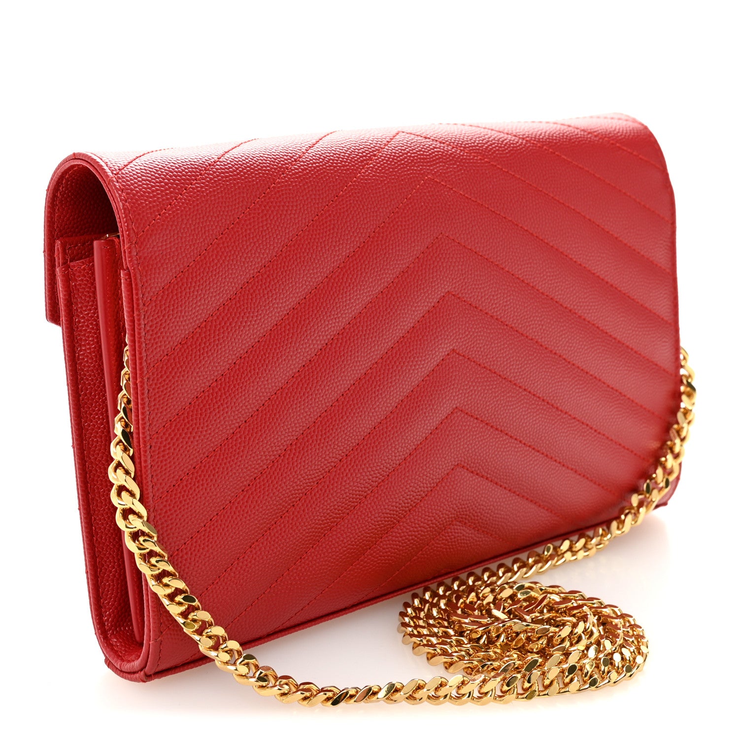 Saint Laurent Grain De Poudre Matelasse Chevron Monogram Chain Wallet New Red 3 of 9