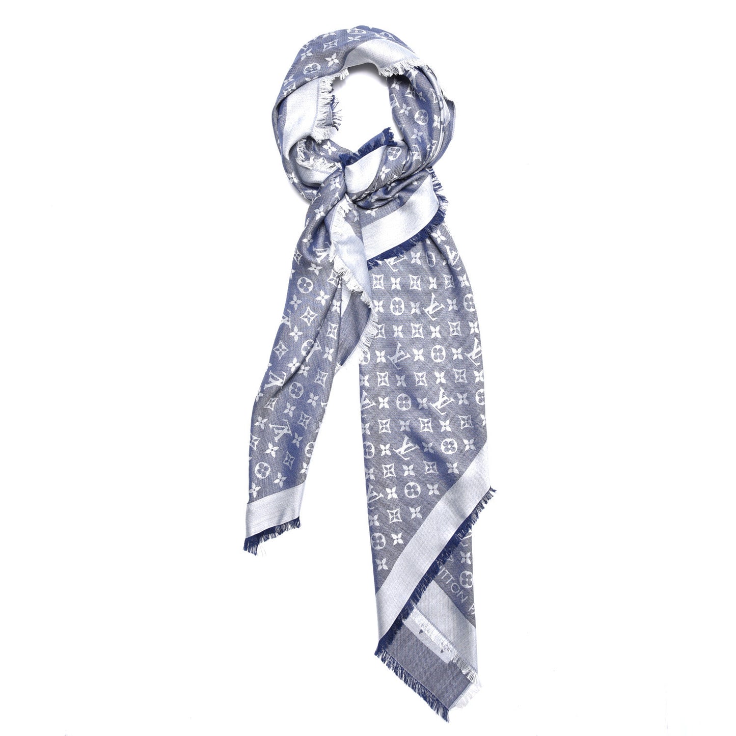 Wool Silk Monogram Denim Shawl Blue