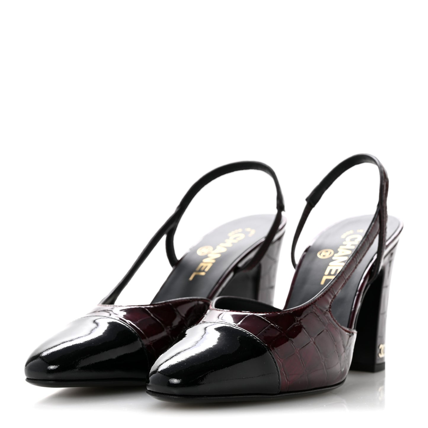 Patent Calfskin Crocodile Embossed Cap Toe CC Slingback Sandals 39 Dark Burgundy Black