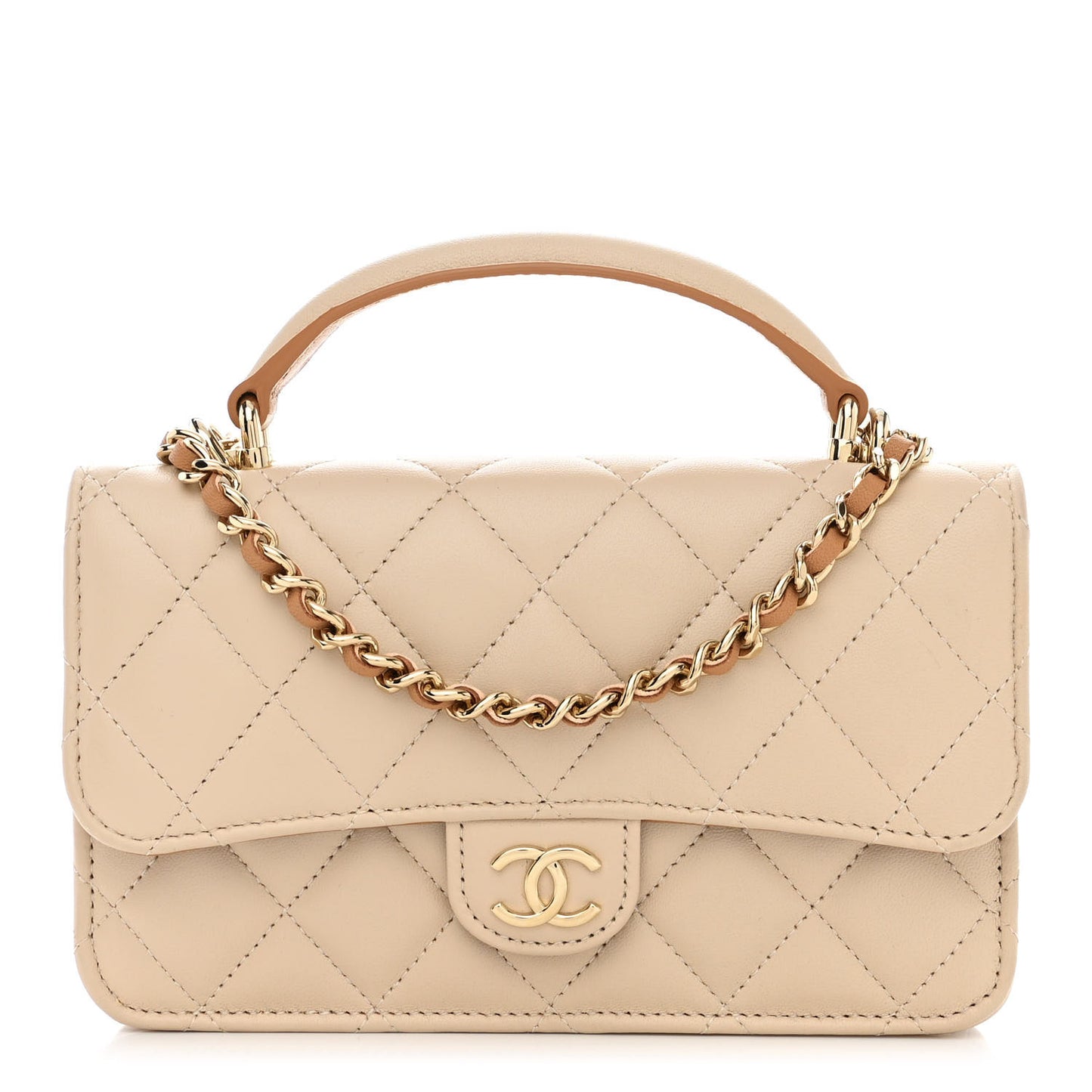 Lambskin Quilted Flap Phone Holder With Chain Beige Brown