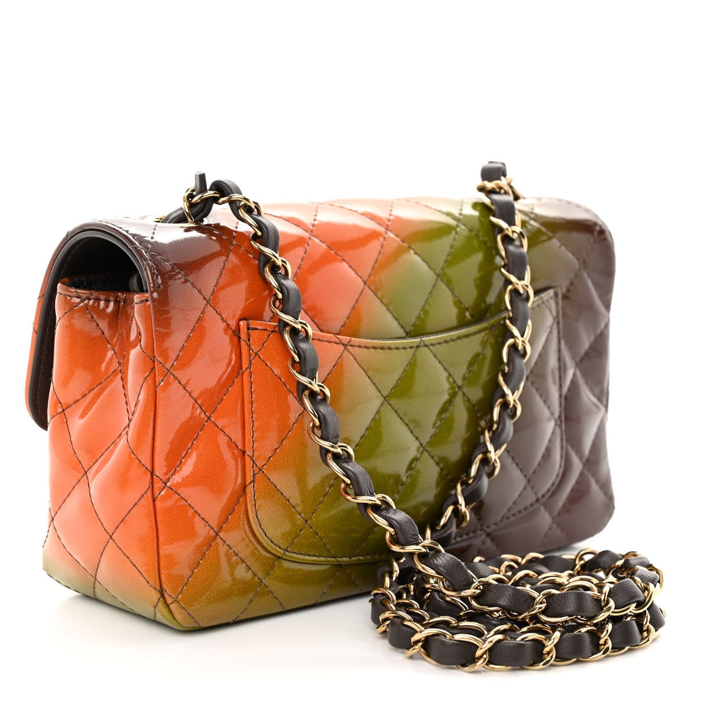 Shaded Patent Calfskin Quilted Mini Rectangular Flap Green Orange Dark Brown