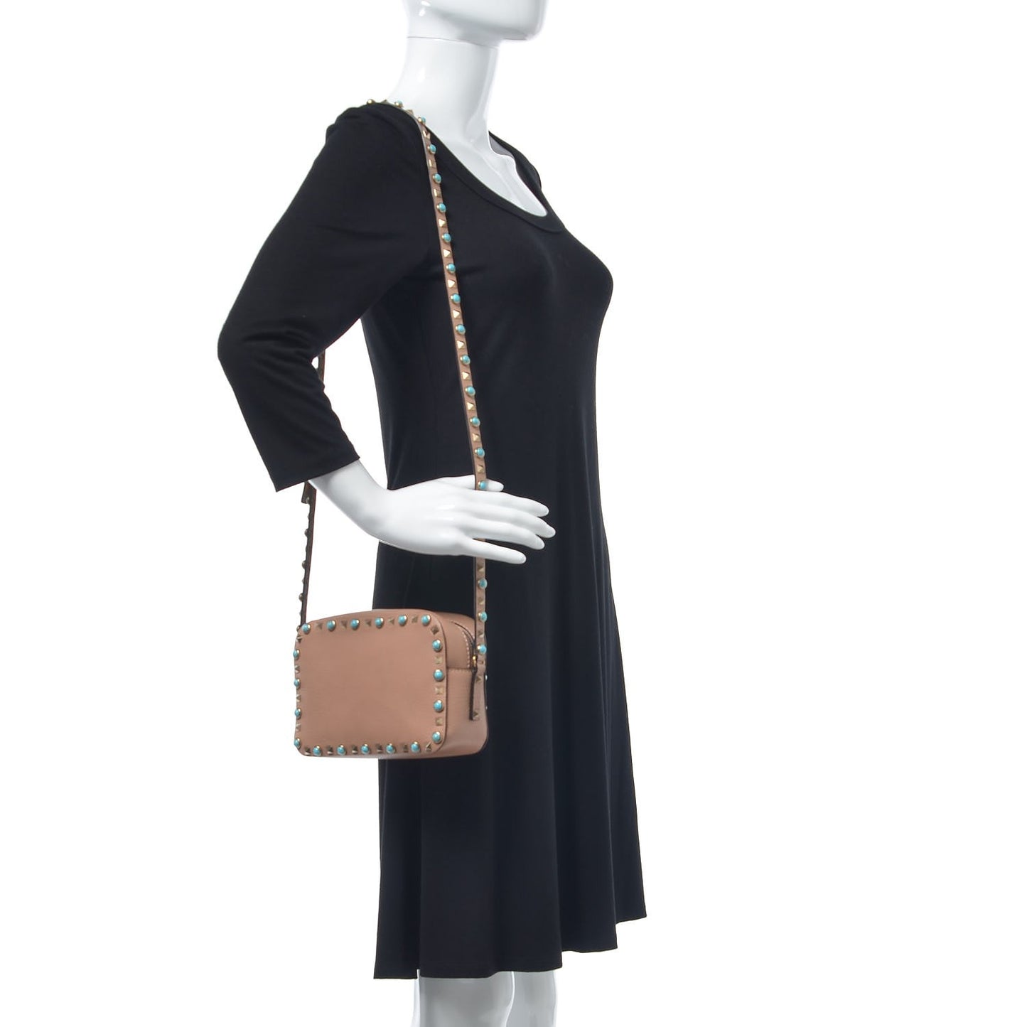 Grained Calfskin Turquoise Rockstud Rolling Camera Crossbody Bag Soft Noisette