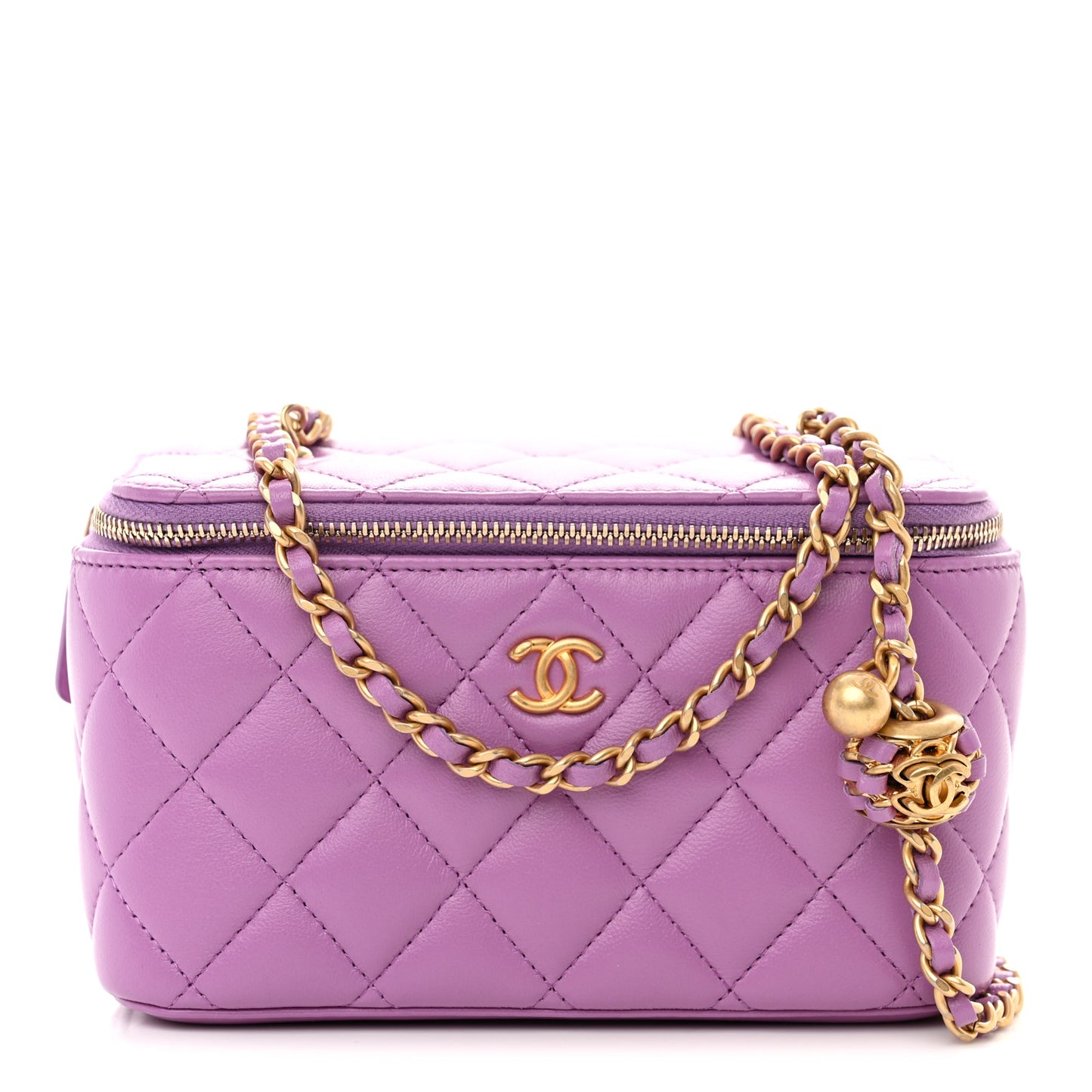 Lambskin Quilted Pearl Crush Small Vanity Case With Chain Purple