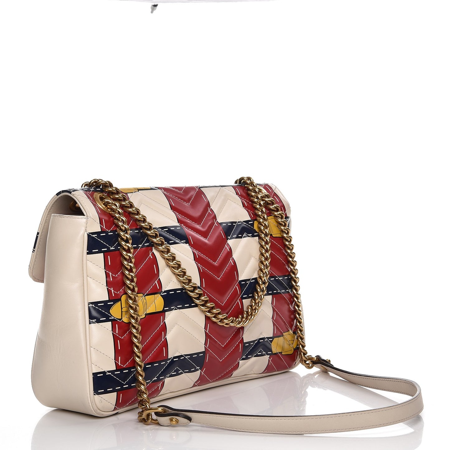 Calfskin Matelasse Trompe L'Oeil Print Medium GG Marmont Shoulder Bag Mystic White Hibiscus Red Marine Giallo
