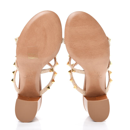 Valentino Garavani Raffia Calfskin Rockstud 60mm Caged Slide Sandals 35.5 Naturale 5 of 9