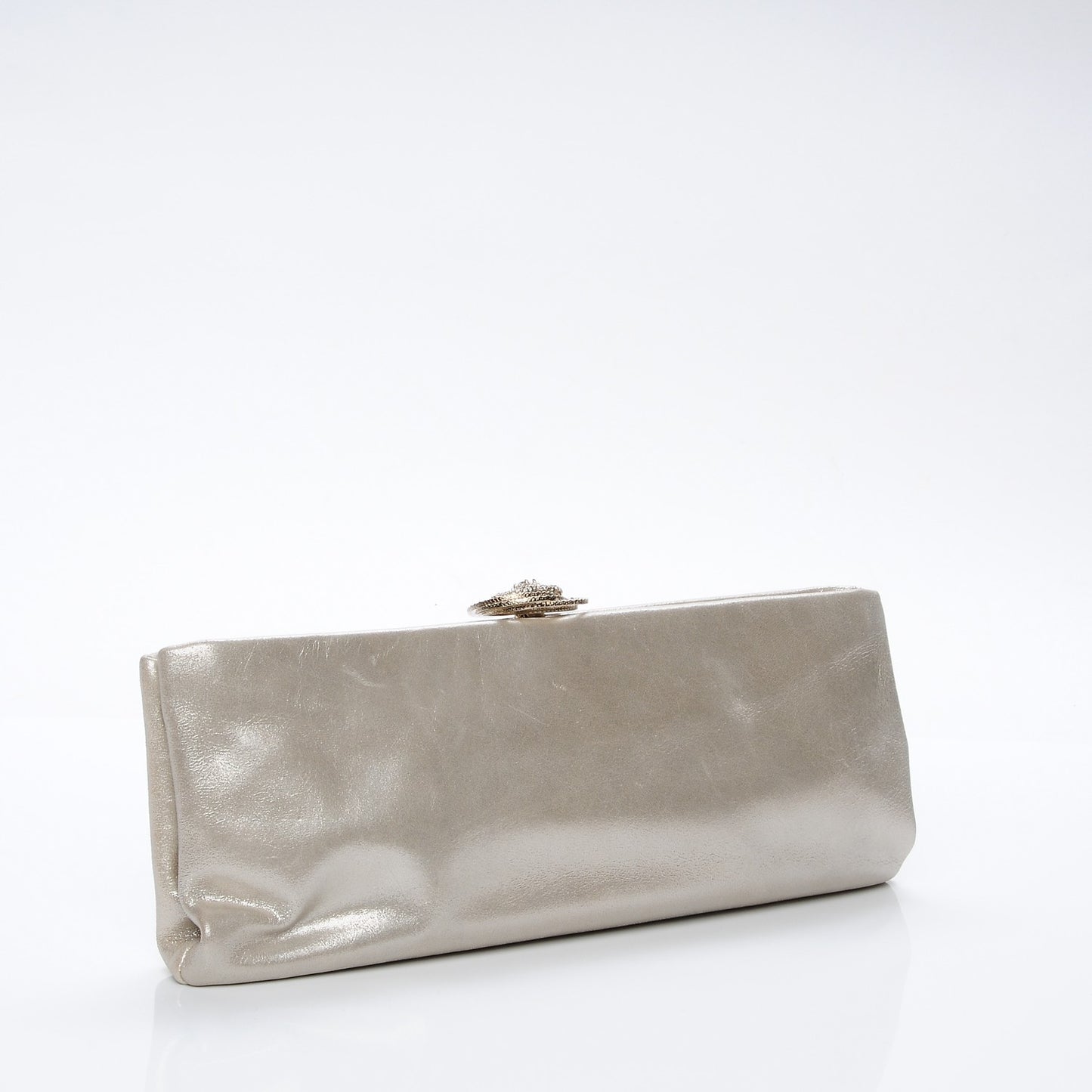 Iridescent Calfskin Crystal Camellia Evening Clutch Champagne