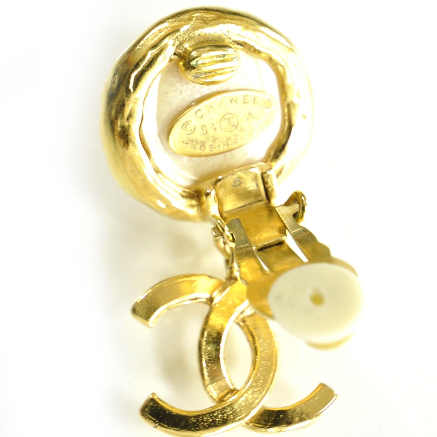 Pearl CC Dangle Clip On Earrings Gold