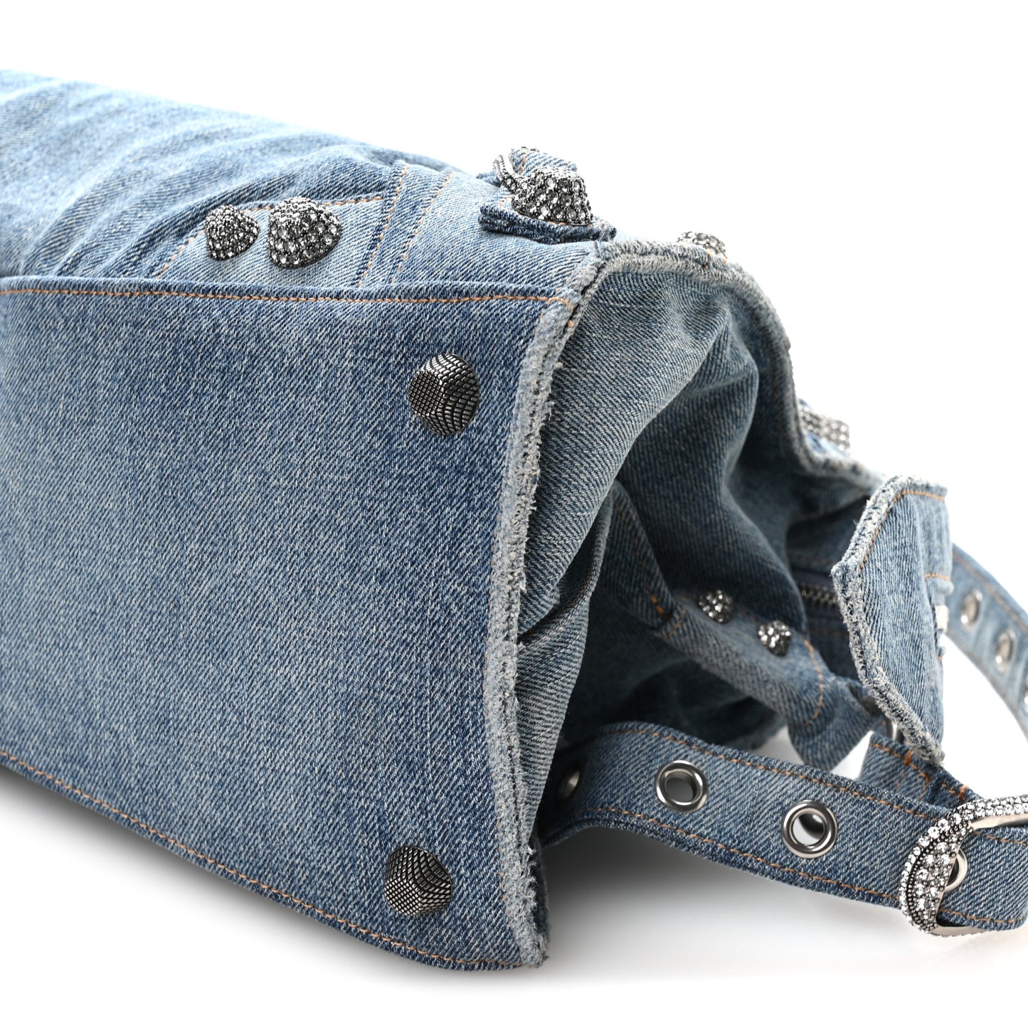 Washed Frayed Denim Crystal Neo Cagole City Handbag Blue