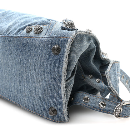 Balenciaga Washed Frayed Denim Crystal Neo Cagole City Handbag Blue 11 of 12