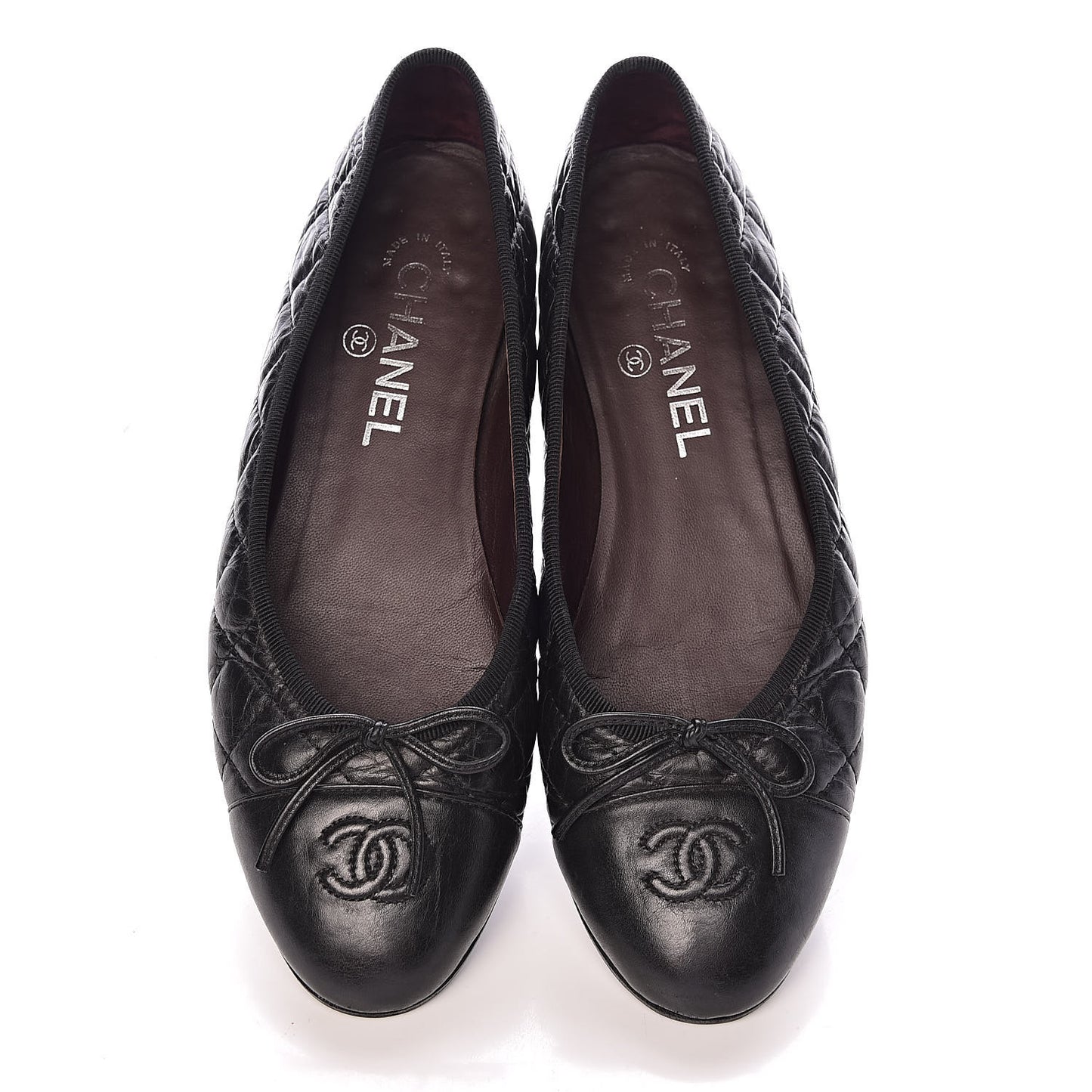 Aged Calfskin Quilted CC Cap Toe Ballerina Flats 37.5 Black