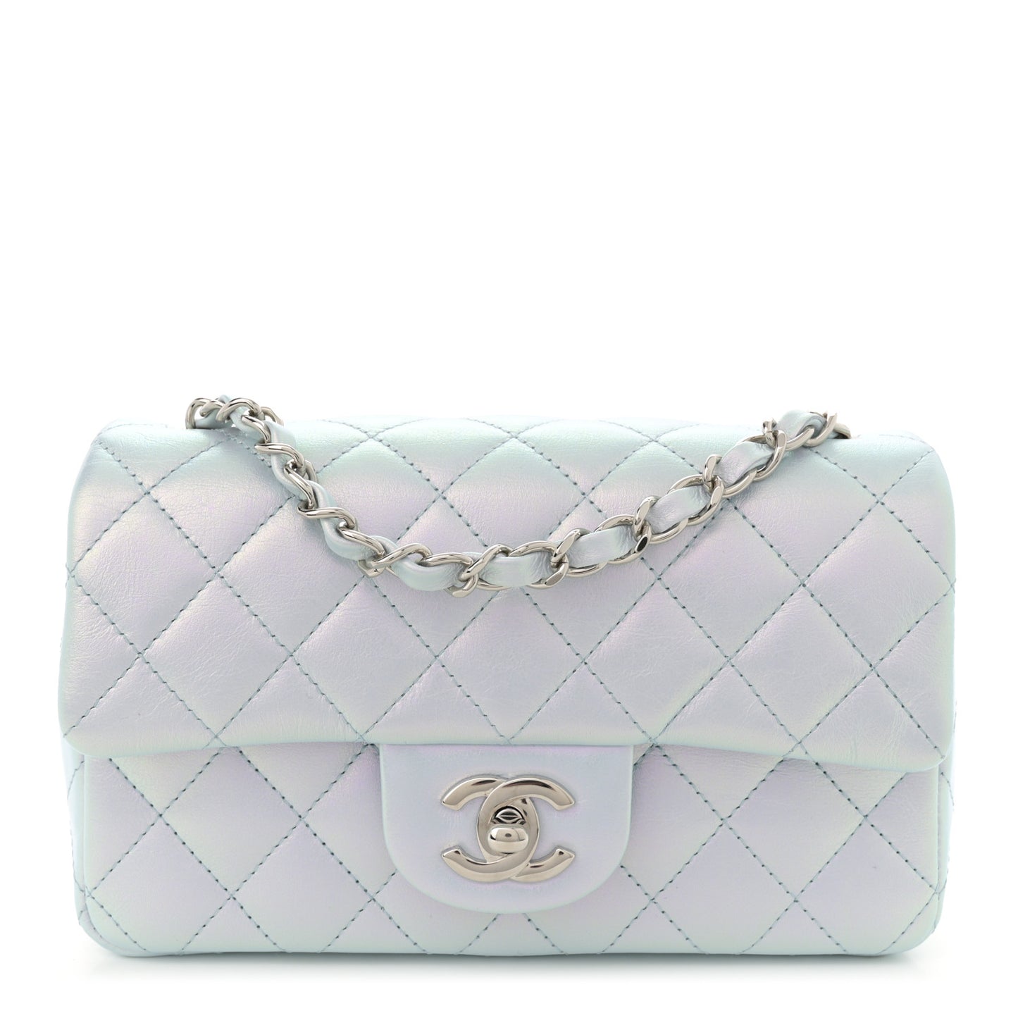 Iridescent Calfskin Quilted Mini Rectangular Flap Light Blue