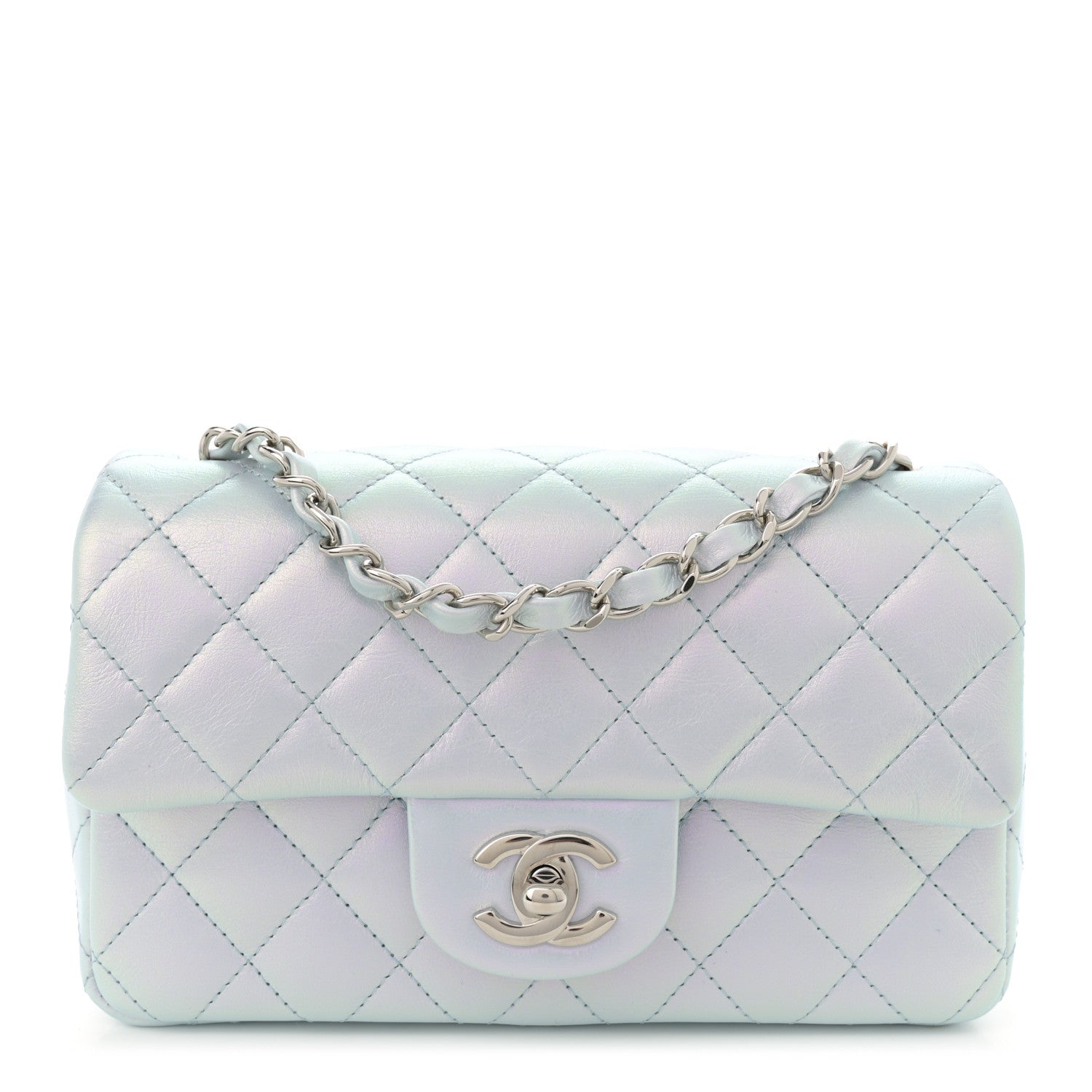 Chanel Iridescent Calfskin Quilted Mini Rectangular Flap Light Blue 1 of 11
