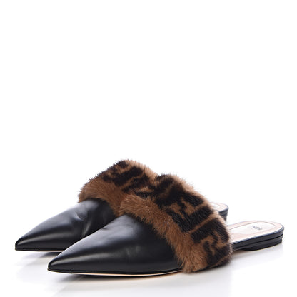Fendi Calfskin Mink Fur FF Flat Mules 40 Black 3 of 12