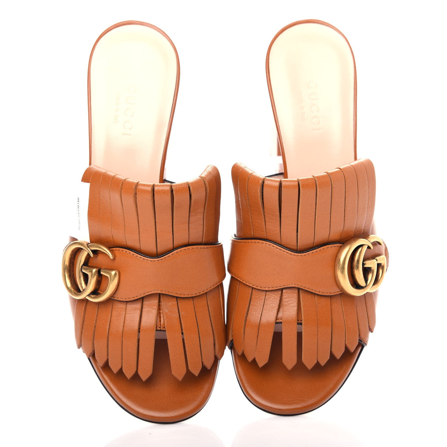 Malaga Kid GG Marmont Fringe 75mm Slide Sandals 36 Cognac