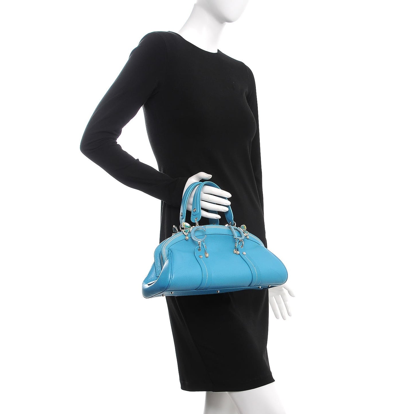 Calfskin Butterfly Pearls Frame Satchel Blue