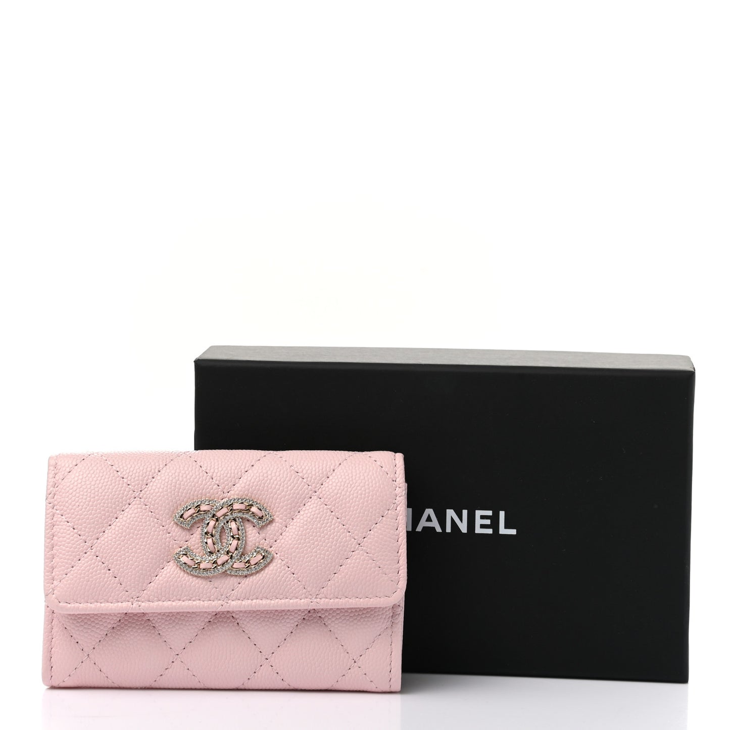 Caviar Quilted Crystal CC Flap Card Holder Pink