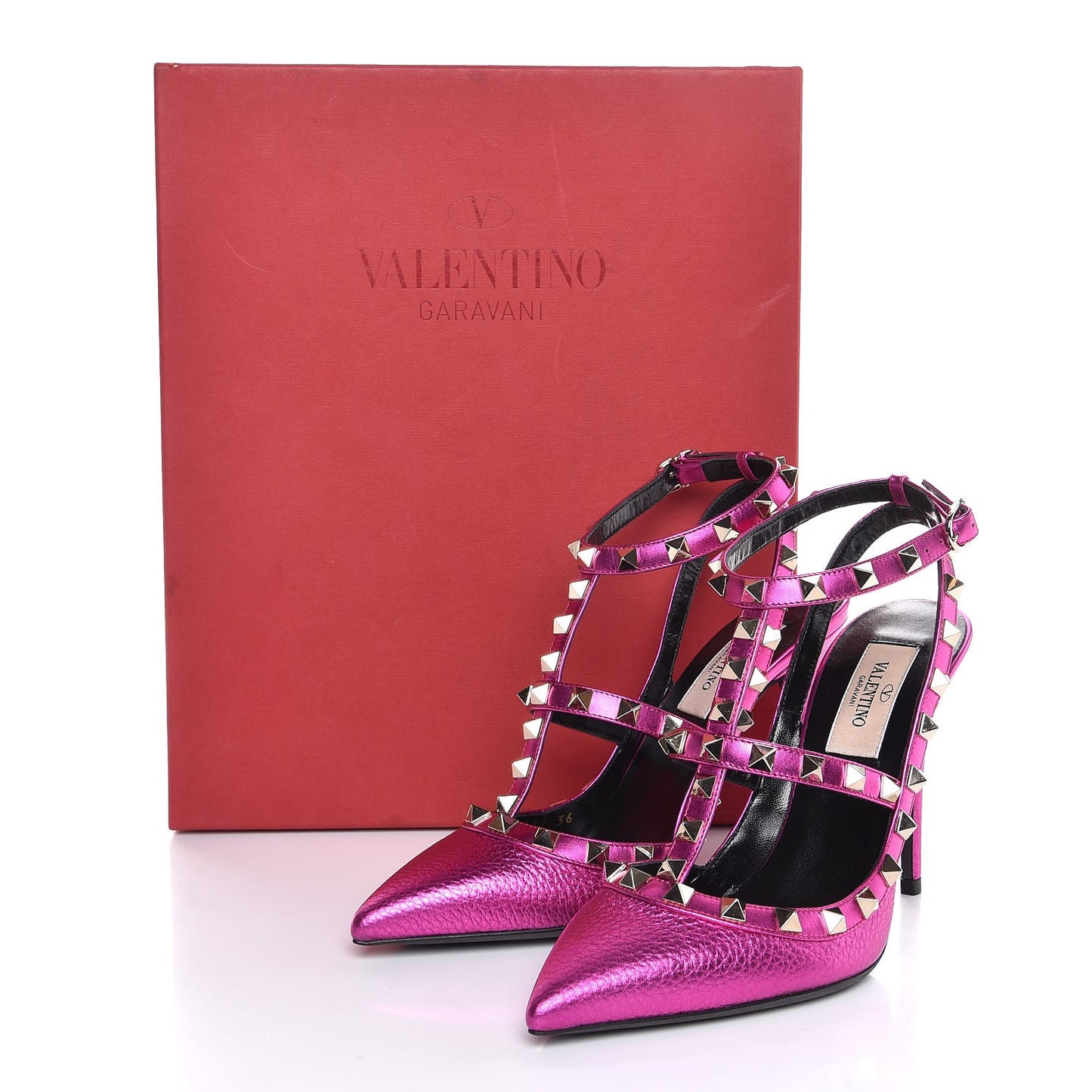 Metallic Pebbled Calfskin Rockstud Ankle Strap Pumps 36 Peony