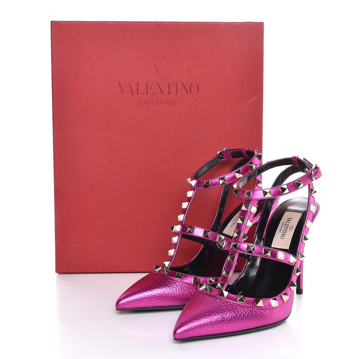 Valentino Garavani Metallic Pebbled Calfskin Rockstud Ankle Strap Pumps 36 Peony 8 of 8