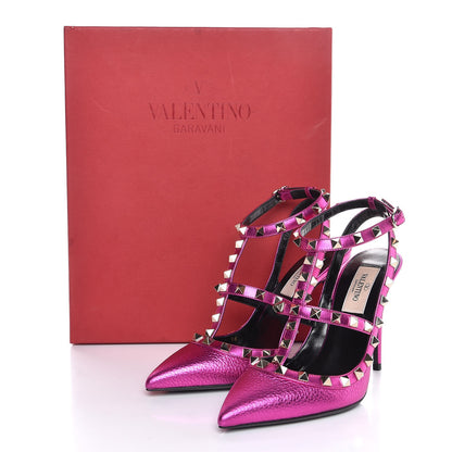 Valentino Garavani Metallic Pebbled Calfskin Rockstud Ankle Strap Pumps 36 Peony 8 of 8