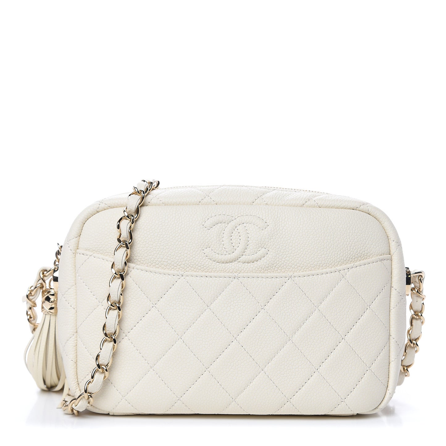 Caviar Flat Quilted Small Coco Tassel Camera Case White