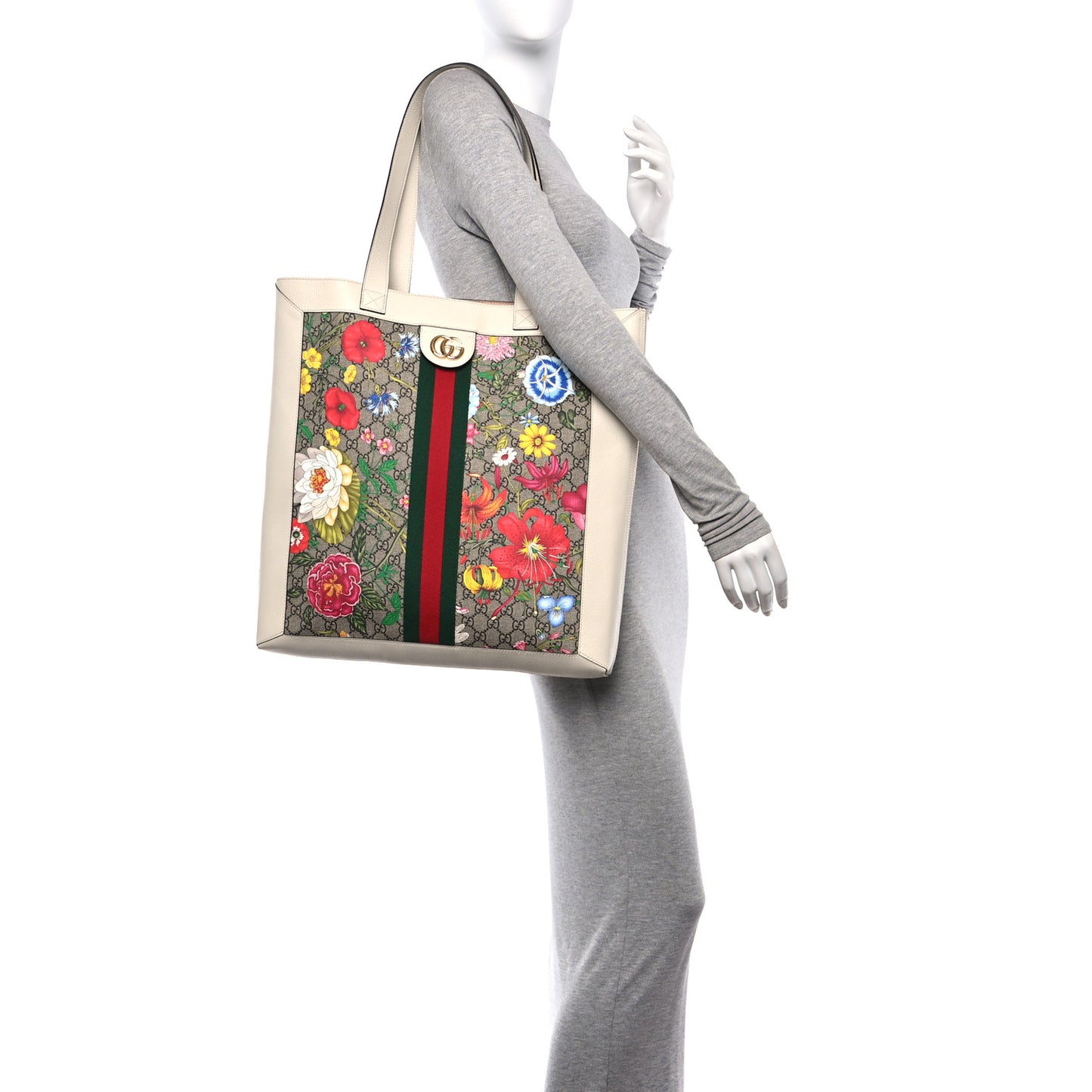 GG Supreme Monogram Flora Web Ophidia Vertical Shopping Tote White