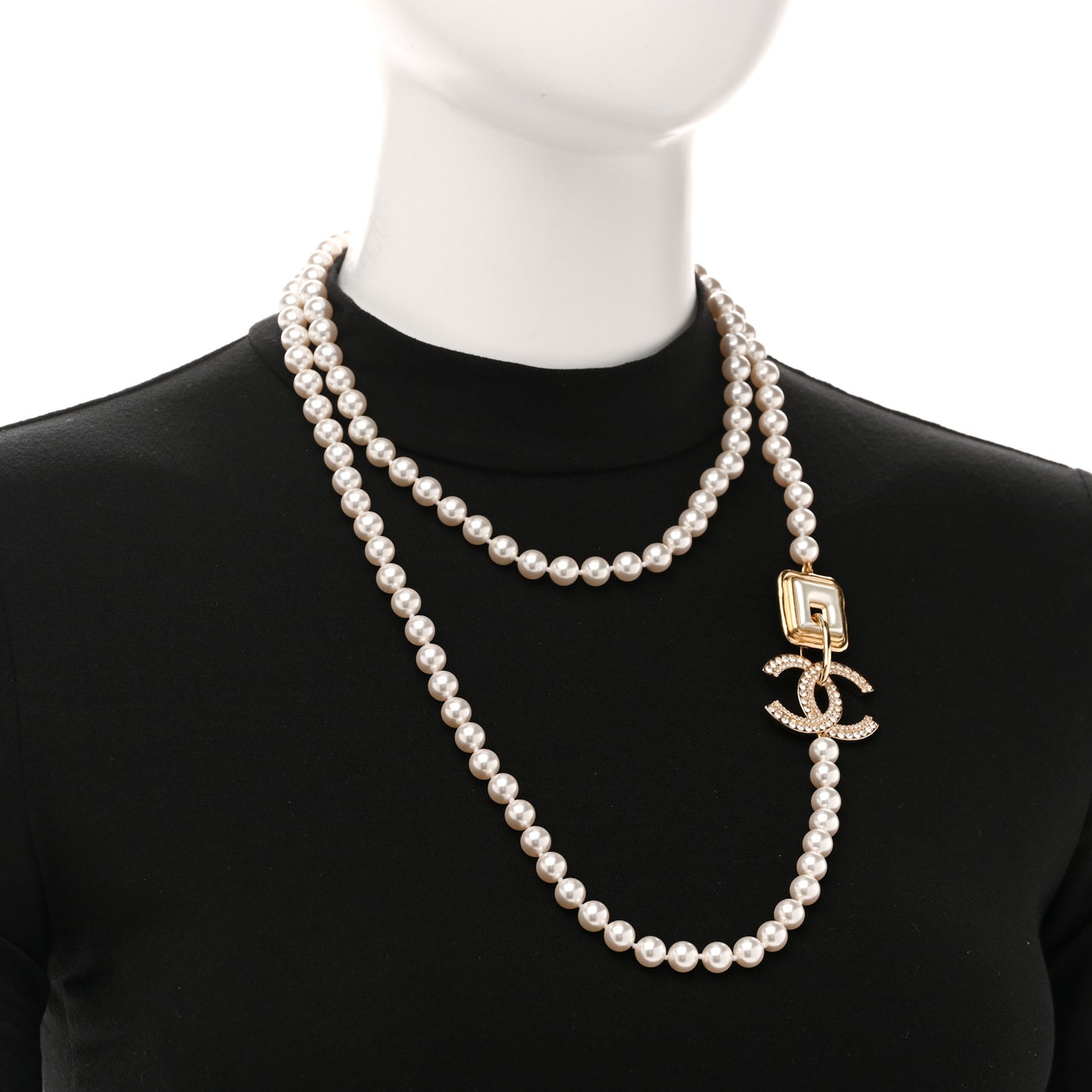 Pearl Crystal CC Square Long Necklace Gold Pearly White